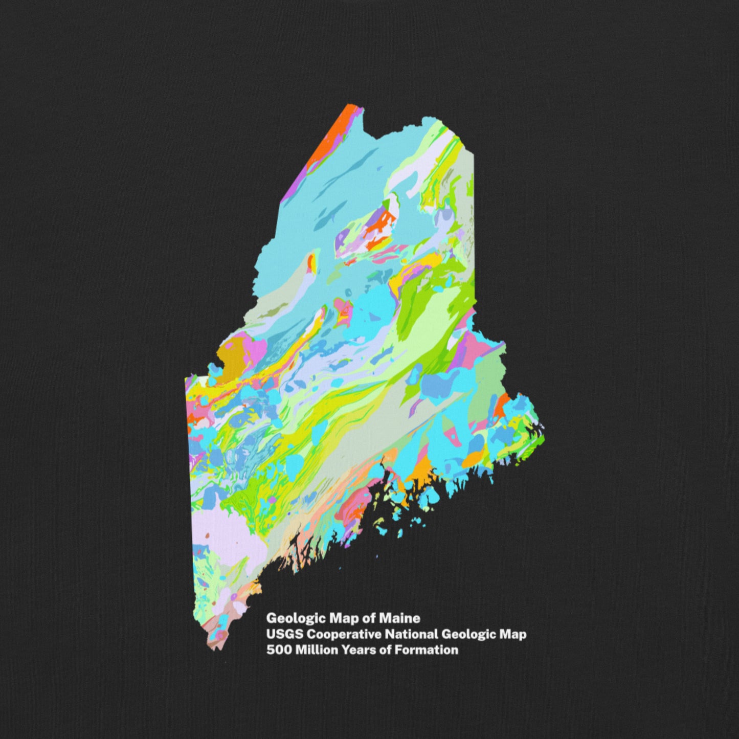 Maine State Geology Map T-Shirt, USGS Bedrock Earth Science Tee (Dark)