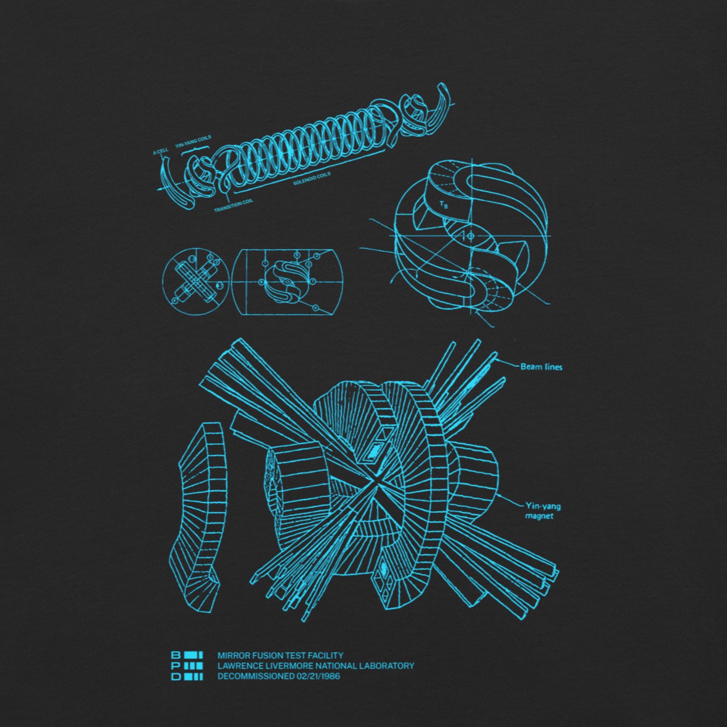 MFTF Fusion Reactor T-Shirt, Lawrence Livermore Magnet Schematic, Nuclear Physics Engineer Gift - Cold War Science Tee (Dark)