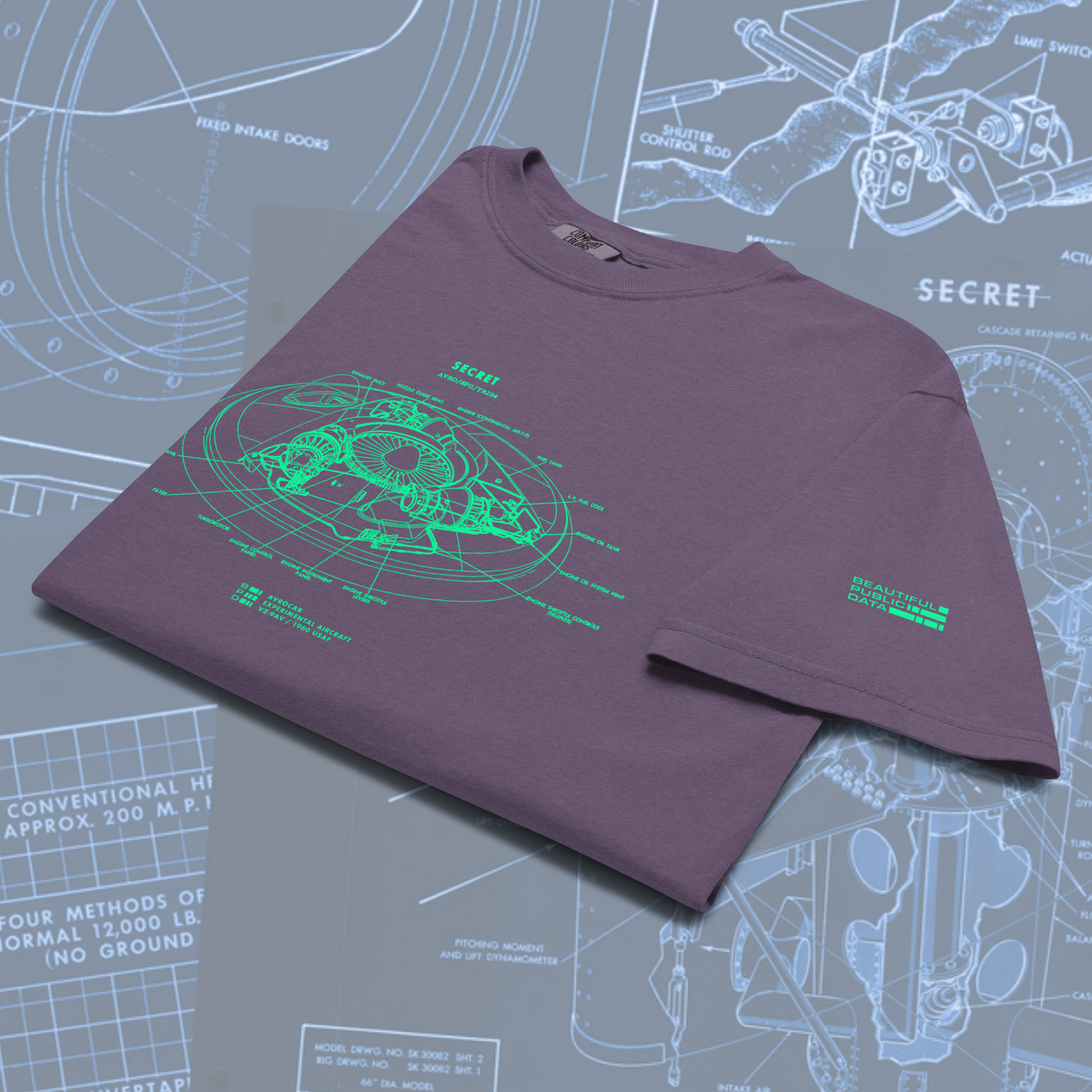 UFO Blueprint T-Shirt, Avrocar Flying Saucer Schematic, Military Aircraft Gift - Top Secret Aviation Tee, USAF VZ-9