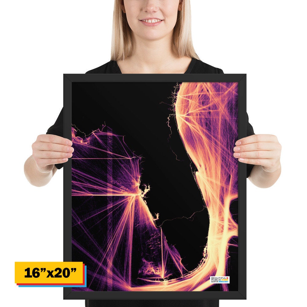 Florida Ship Traffic Map, Miami Tampa Vessel Tracking Art, Atlantic Nautical Wall Art - One Year of Ship Movements