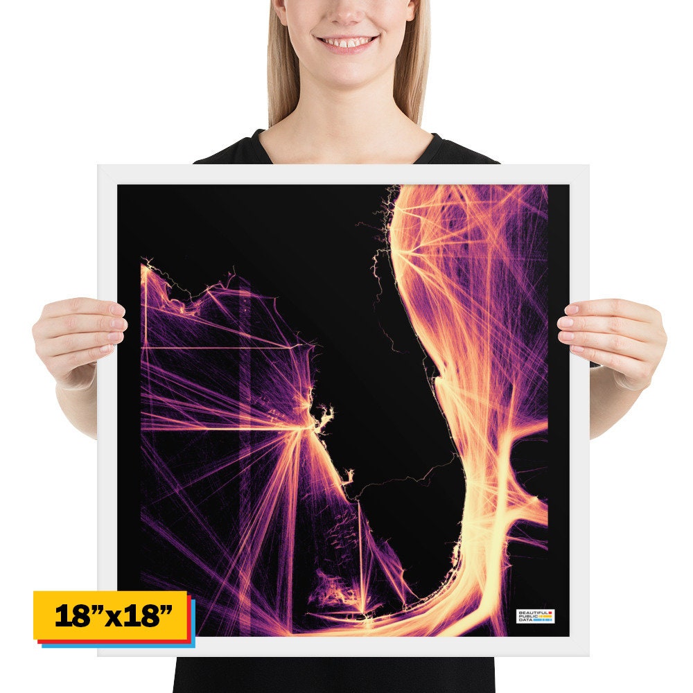 Florida Ship Traffic Map, Miami Tampa Vessel Tracking Art, Atlantic Nautical Wall Art - One Year of Ship Movements