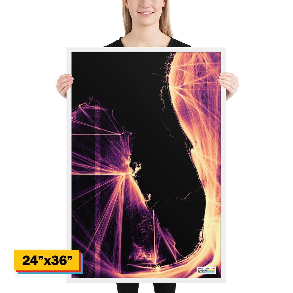 Florida Ship Traffic Map, Miami Tampa Vessel Tracking Art, Atlantic Nautical Wall Art - One Year of Ship Movements