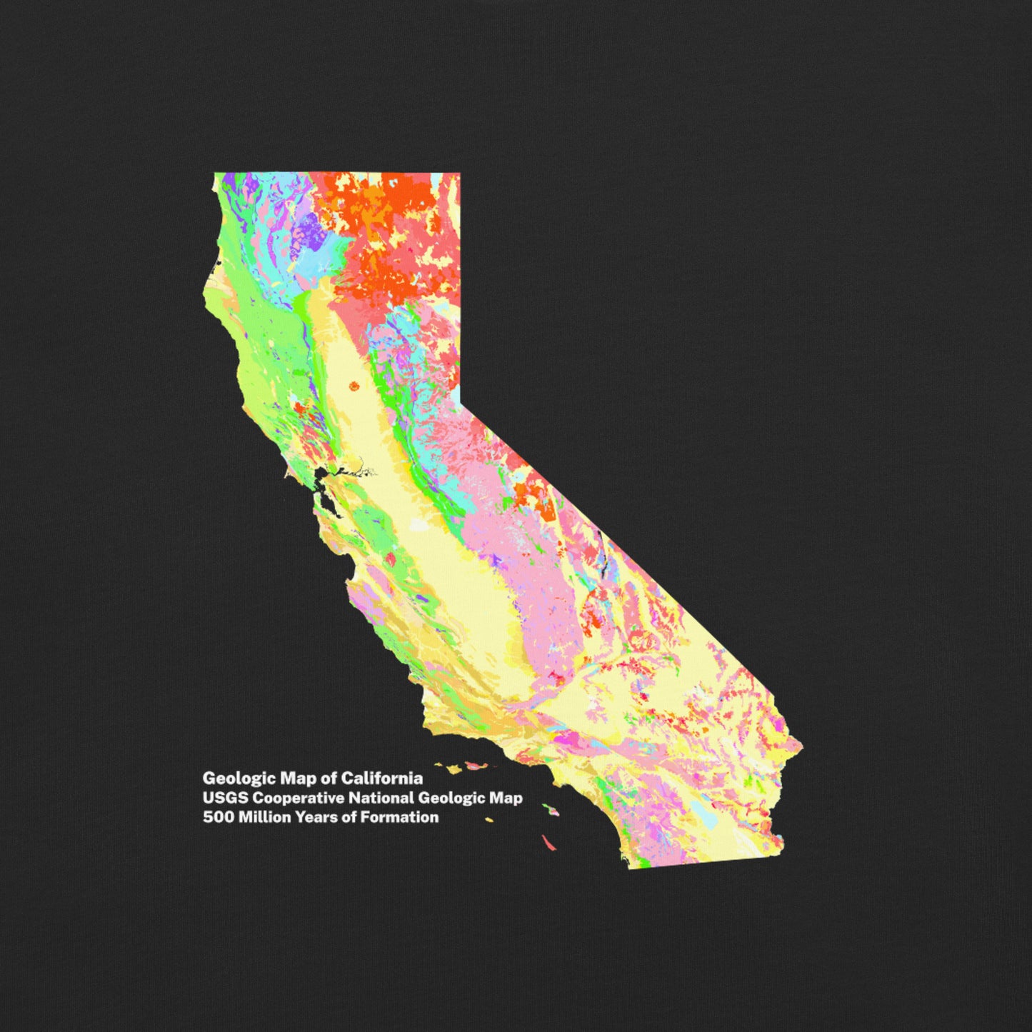 California State Geology Map T-Shirt, USGS Bedrock Earth Science Tee (Dark)