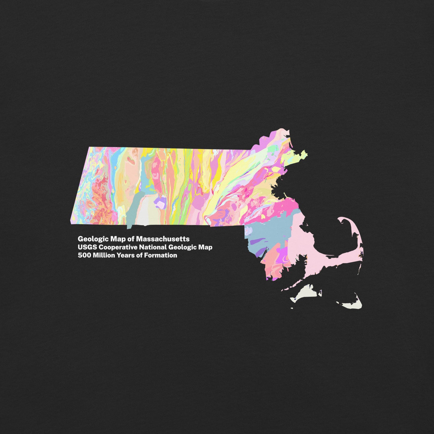 Massachusetts State Geology Map T-Shirt, USGS Bedrock Earth Science Tee (Dark)