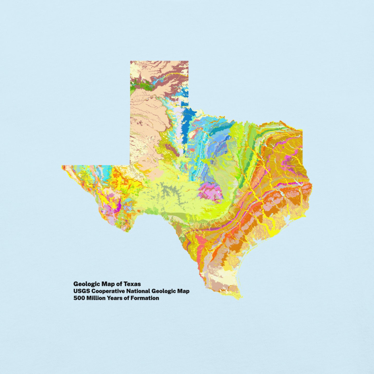 Texas State Geology Map T-Shirt, USGS Bedrock Earth Science Tee (Light)