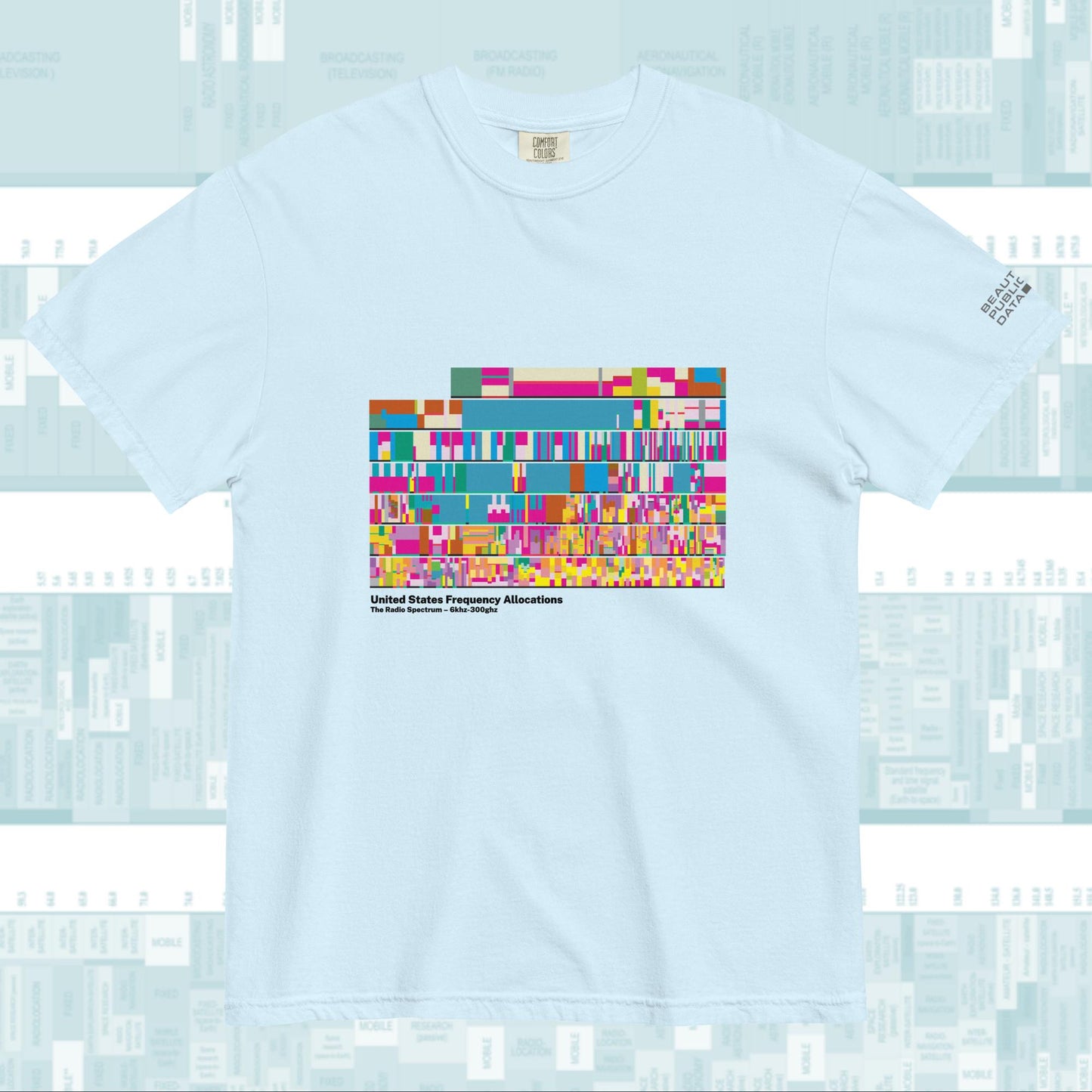 Radio Frequency Chart T-Shirt, Ham Radio Gift, NTIA Spectrum Allocation Tee - SDR Shortwave Amateur Radio Engineer Gift (Light)