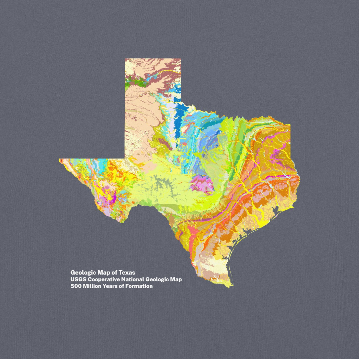 Texas State Geology Map T-Shirt, USGS Bedrock Earth Science Tee (Dark)