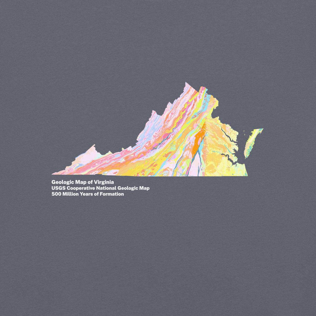 Virginia State Geology Map T-Shirt, USGS Bedrock Earth Science Tee (Dark)