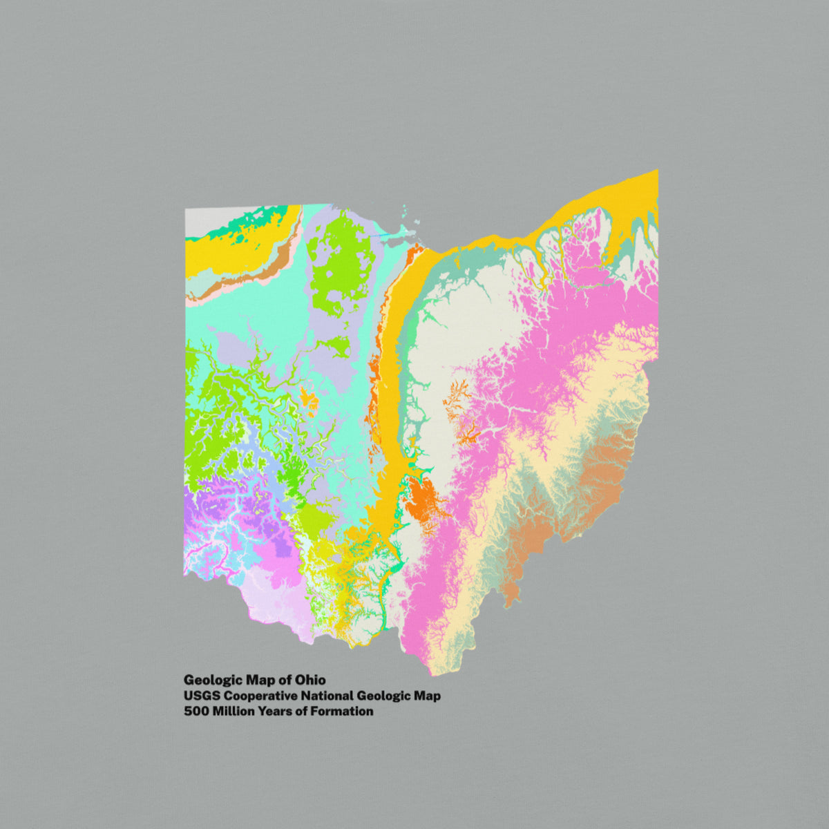 Ohio State Geology Map T-Shirt, USGS Bedrock Earth Science Tee (Light)