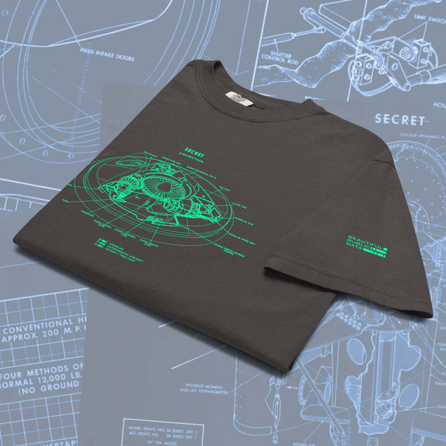UFO Blueprint T-Shirt, Avrocar Flying Saucer Schematic, Military Aircraft Gift - Top Secret Aviation Tee, USAF VZ-9