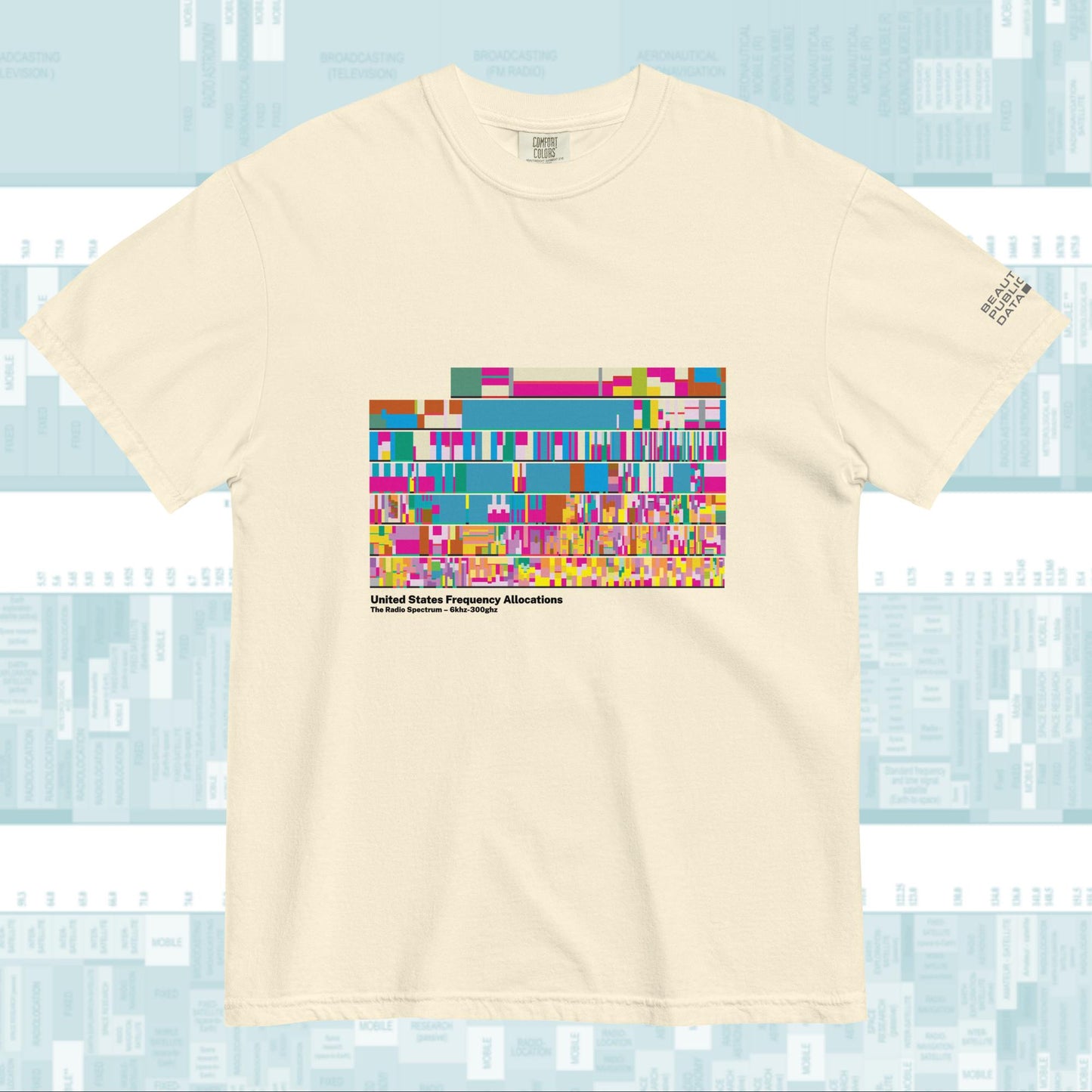 Radio Frequency Chart T-Shirt, Ham Radio Gift, NTIA Spectrum Allocation Tee - SDR Shortwave Amateur Radio Engineer Gift (Light)