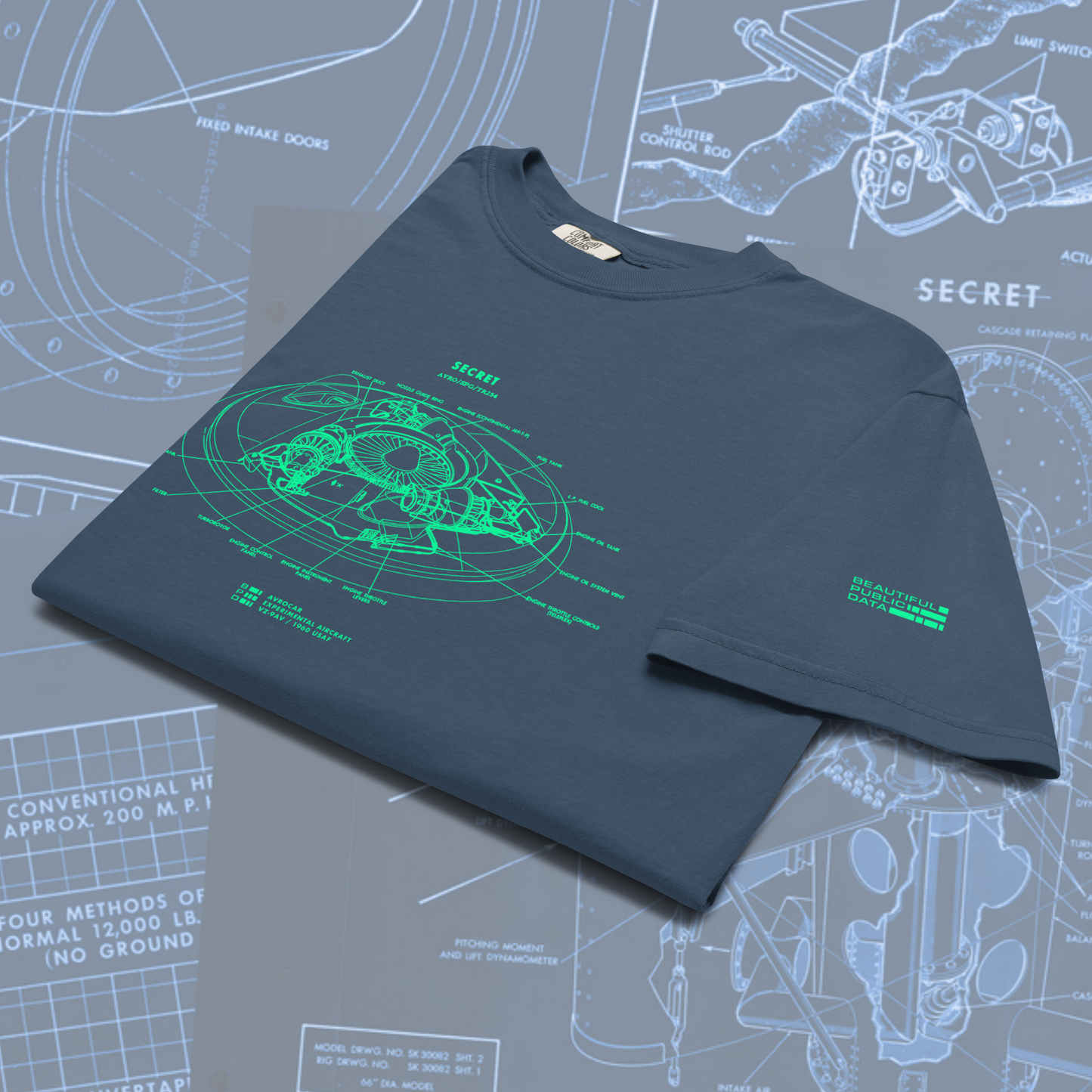 UFO Blueprint T-Shirt, Avrocar Flying Saucer Schematic, Military Aircraft Gift - Top Secret Aviation Tee, USAF VZ-9