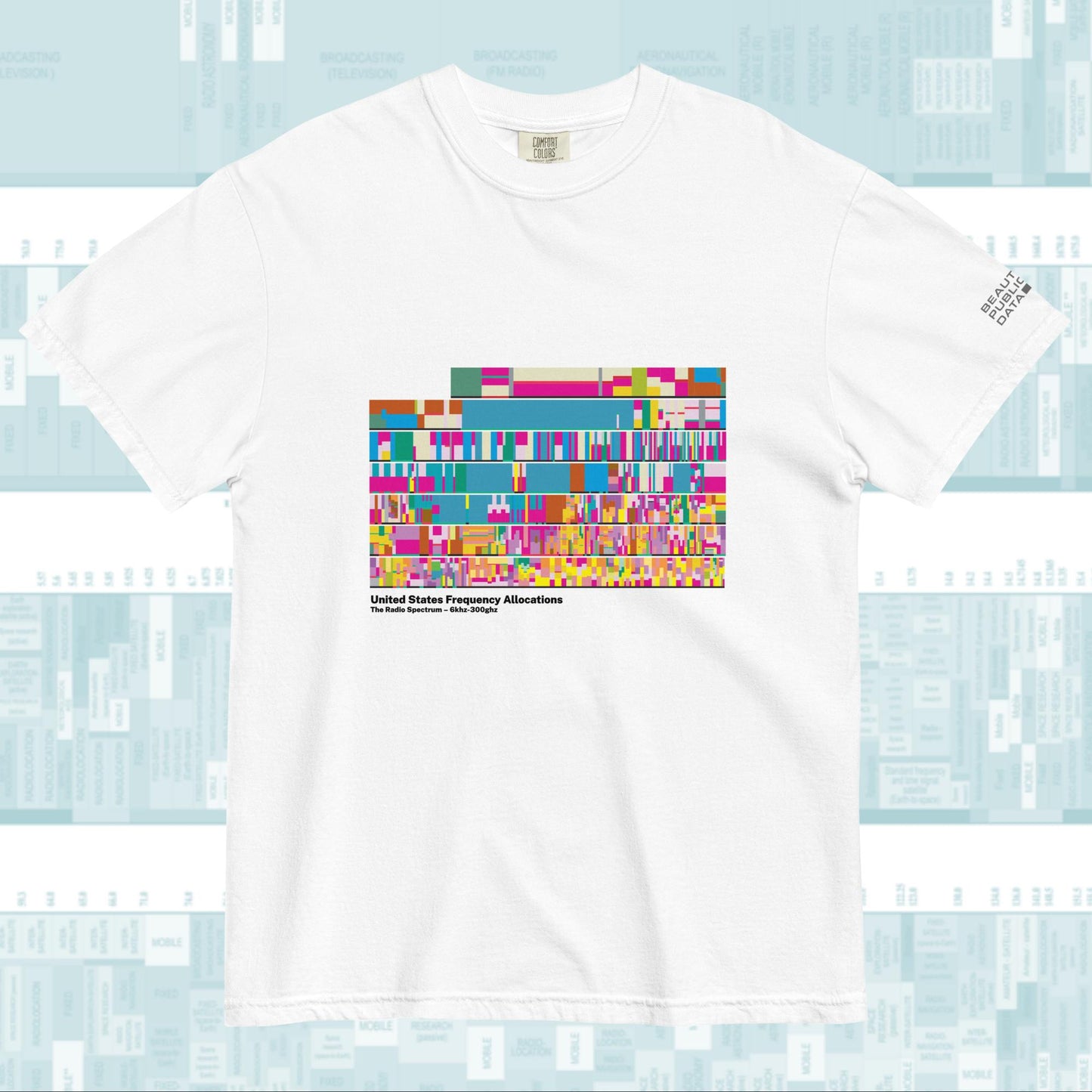 Radio Frequency Chart T-Shirt, Ham Radio Gift, NTIA Spectrum Allocation Tee - SDR Shortwave Amateur Radio Engineer Gift (Light)